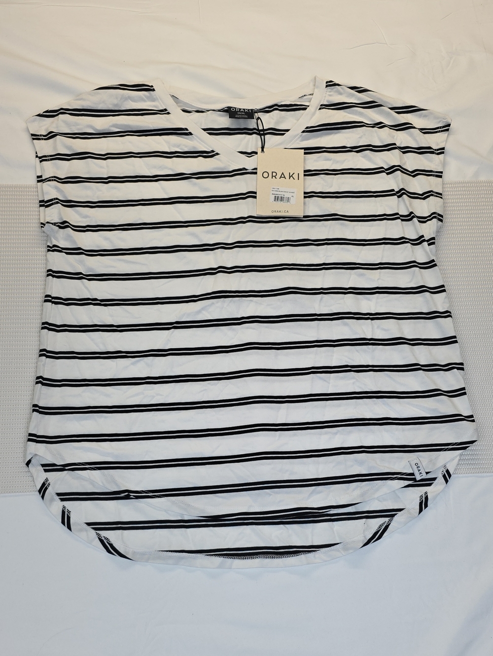 Oraki White & Black Stripe V-Neck Women's Tee Short Sleeve. XL